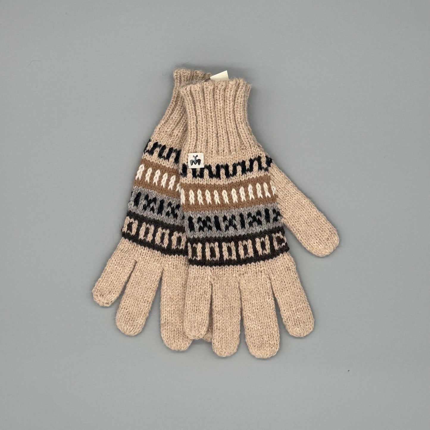 Handschuhe alpakawolle aus 100% Baby-Alpakawolle im Andenmuster in Grau und Beige.