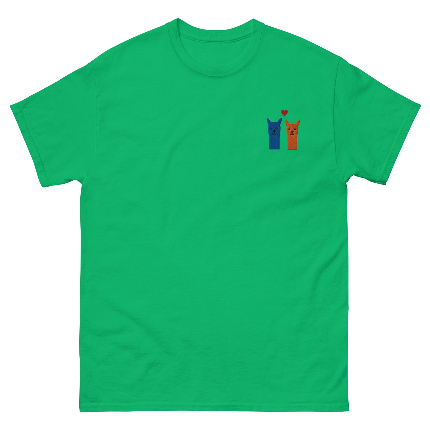 Alpaka-Fan T-Shirt mit niedlichem Alpaka-Paar und Herz, bestickt auf klassischem Schnitt