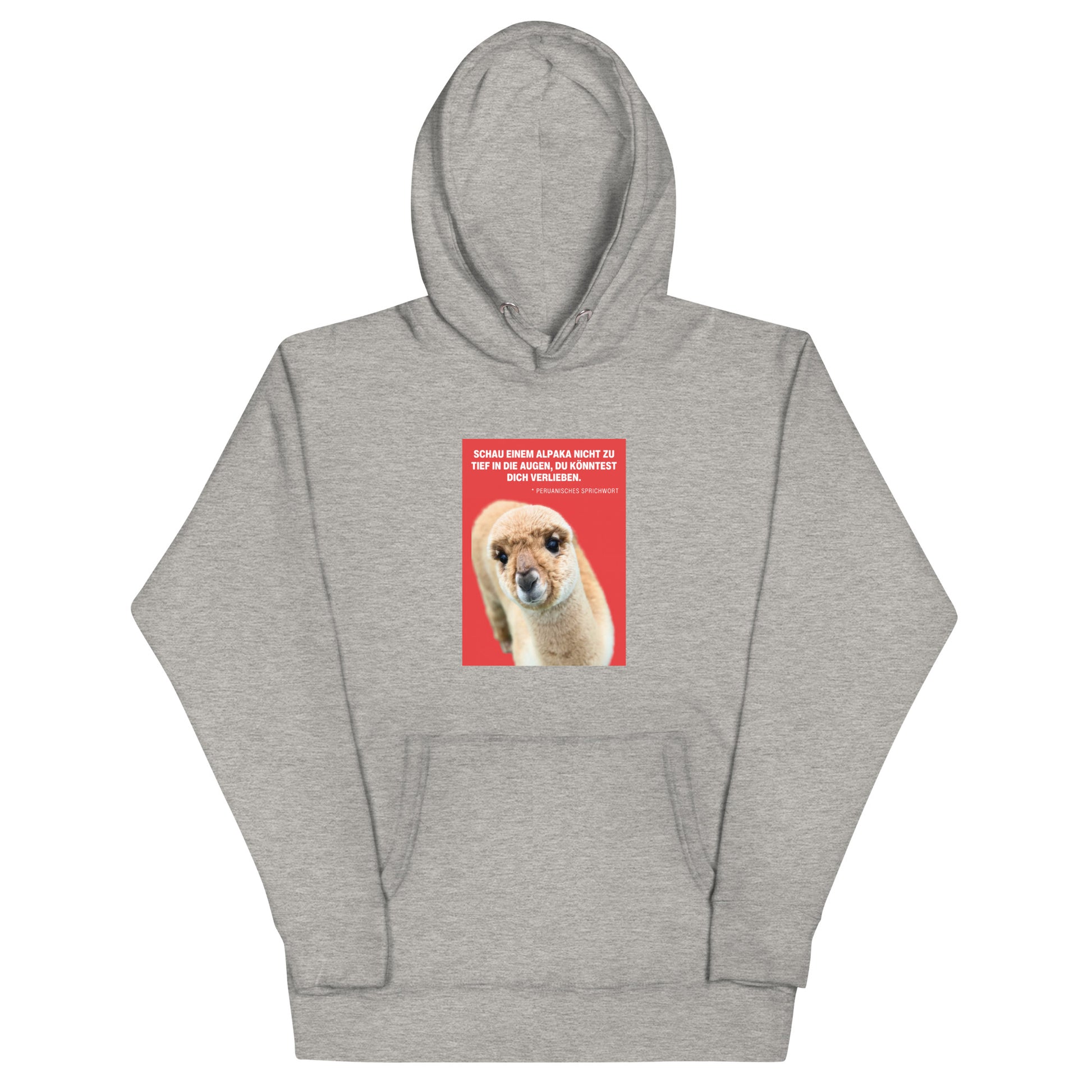 Hoodie mit Alpaka Motiv – grauer Kapuzenpullover mit Alpaka-Motiv und Spruch auf der Vorderseite.