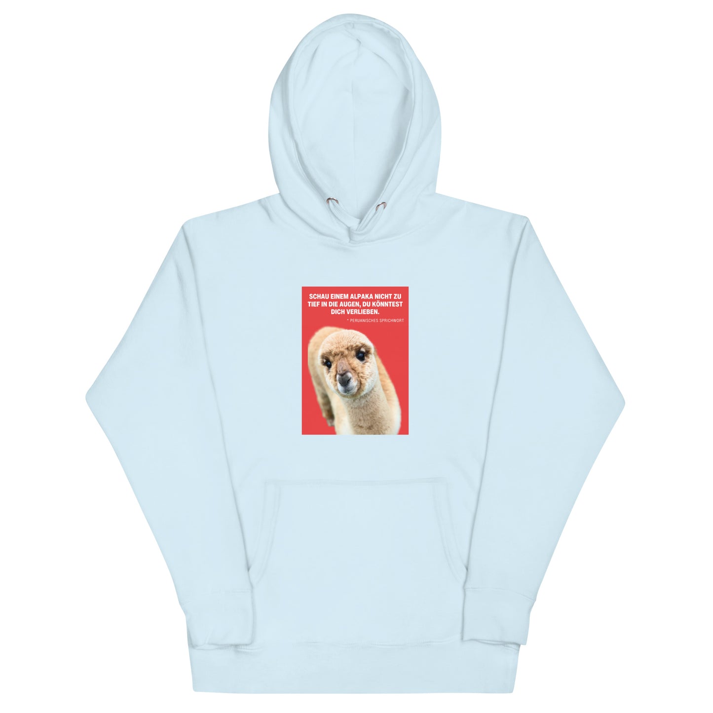 Hoodie mit Alpaka Motiv in hellblau, featuring Alpaka Greta and humorous quote about deep gazes.