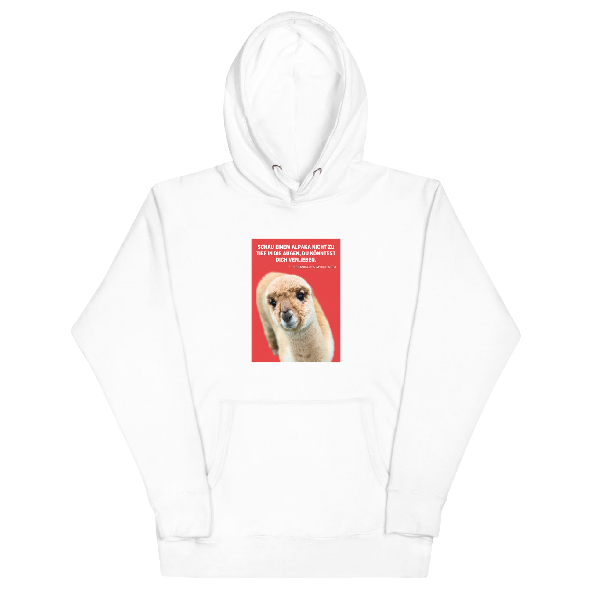 Alpaka Hoodie Unisex – „Schau einem Alpaka nie zu tief in die Augen“ Kapuzenpullover mit Alpaka Motiv.