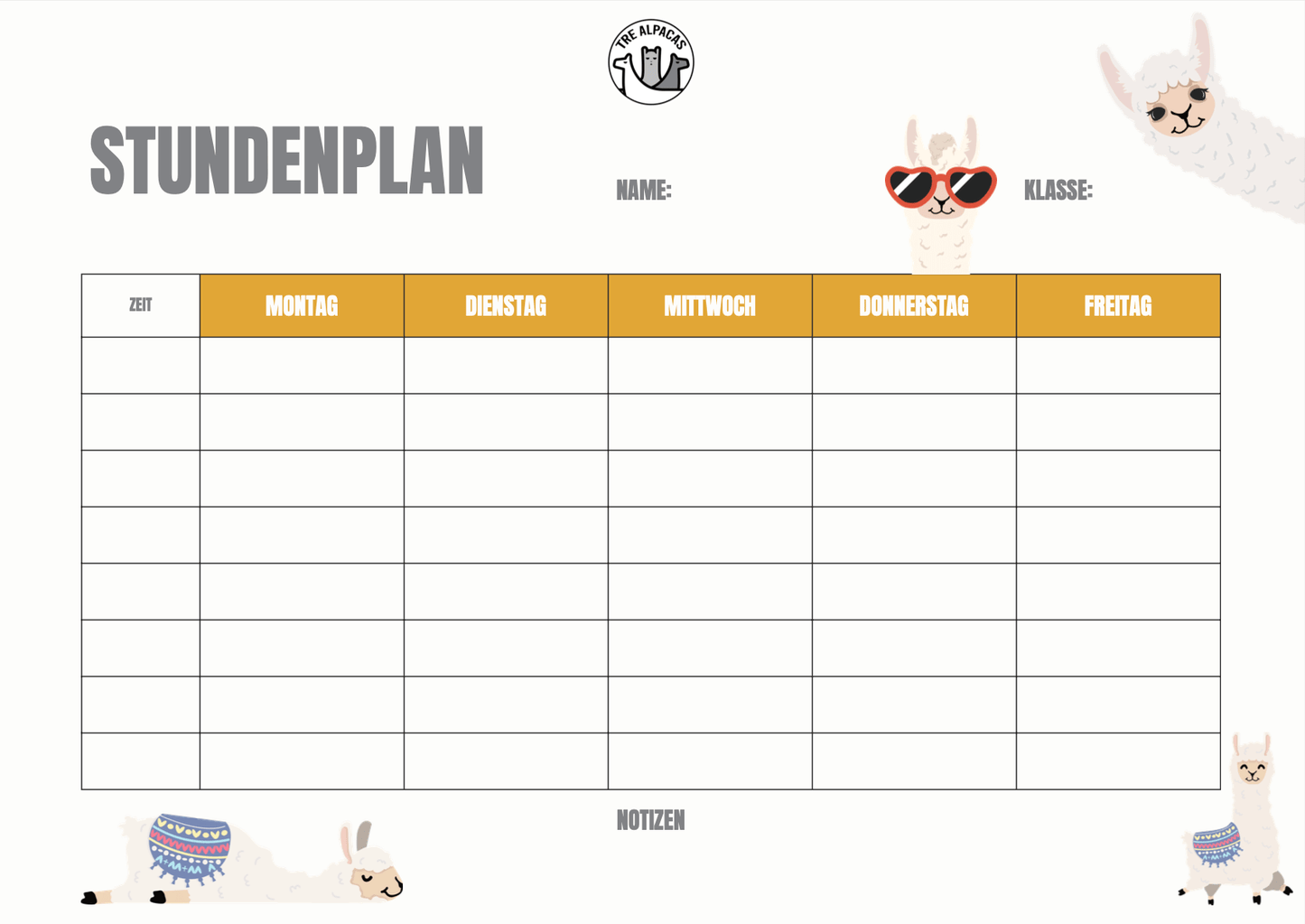 Kostenloser Stundenplan im süßen Alpaka-Design, ideal für Schule und Uni, als PDF Download.