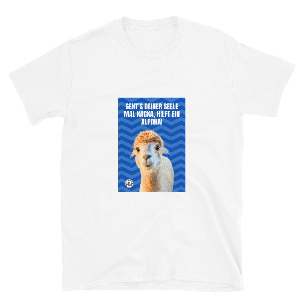 Alpaka Spruch T-Shirt mit dem Satz „Geht's deiner Seele mal kacka, hilft ein Alpaka!“ und einem süßen Alpaka-Bild.
