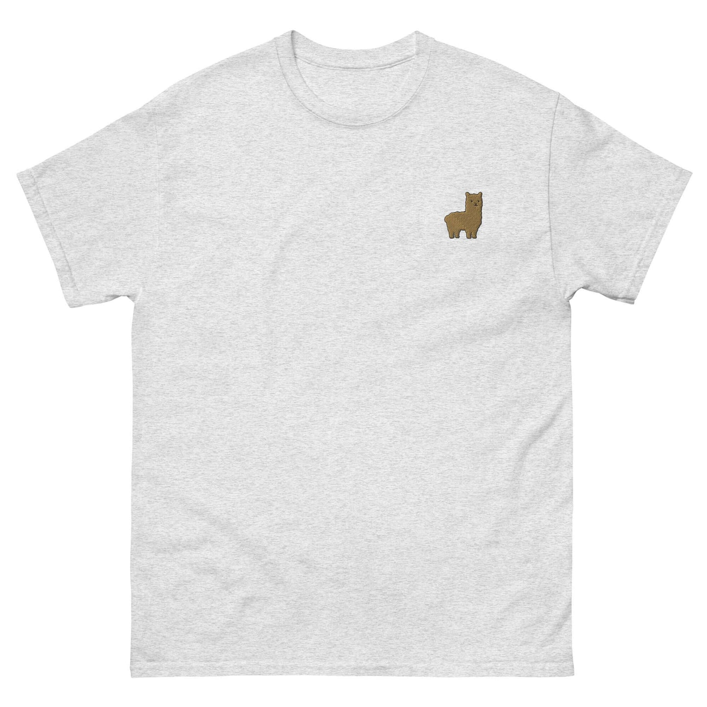 Graues T-Shirt mit gesticktem Alpaka-Emoji, ideal für Alpaka-Fans, aus 100% Baumwolle, unisex Design.