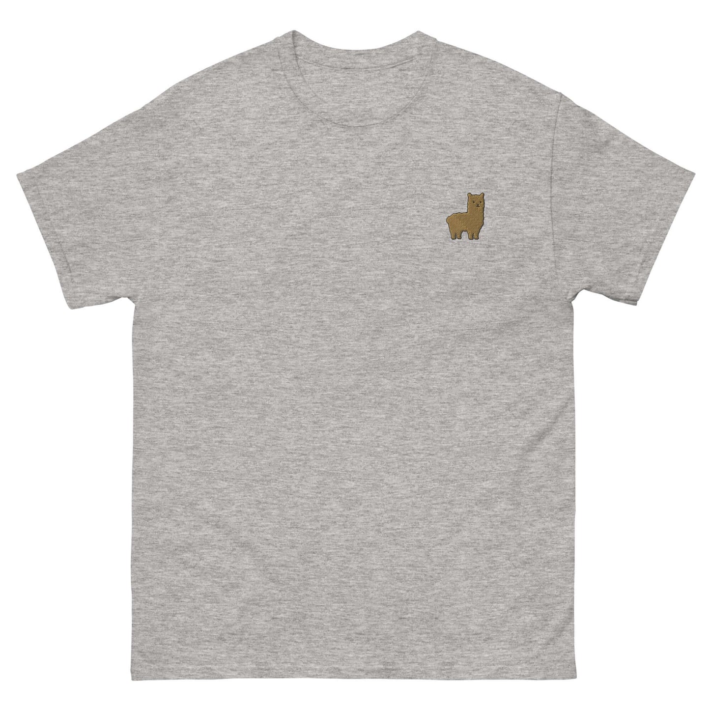 Graues Unisex T-Shirt mit gesticktem Alpaka Emoji auf der Brust, aus 100% Baumwolle, ideal für Alpaka-Fans.