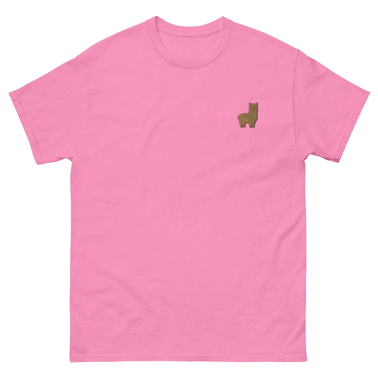 Rosa T-Shirt mit stickiertem Alpaka-Emoji auf der Brust, ideal für Alpaka-Fans.