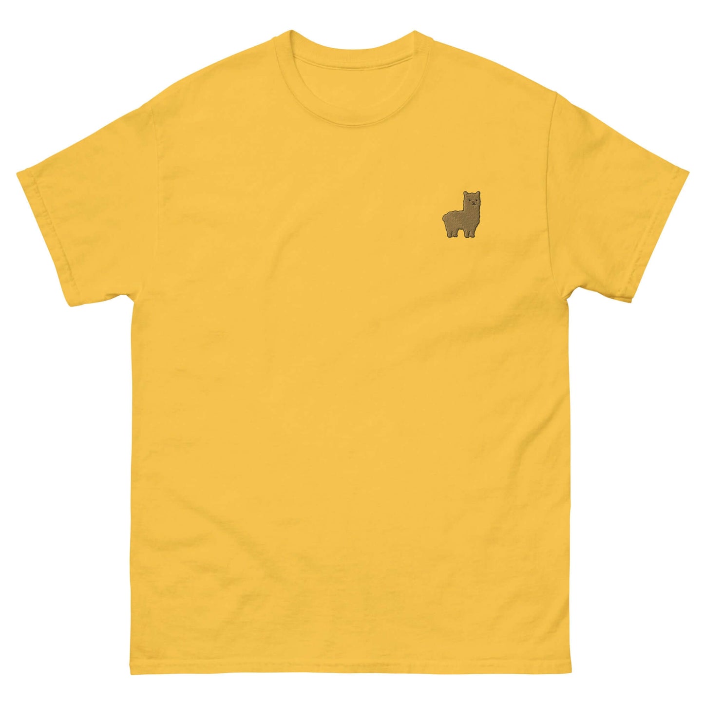 Gelbes T-Shirt mit gesticktem Alpaka-Emoji für Alpaka-Fans, aus 100% Baumwolle, unisex, charmant und verspielt.