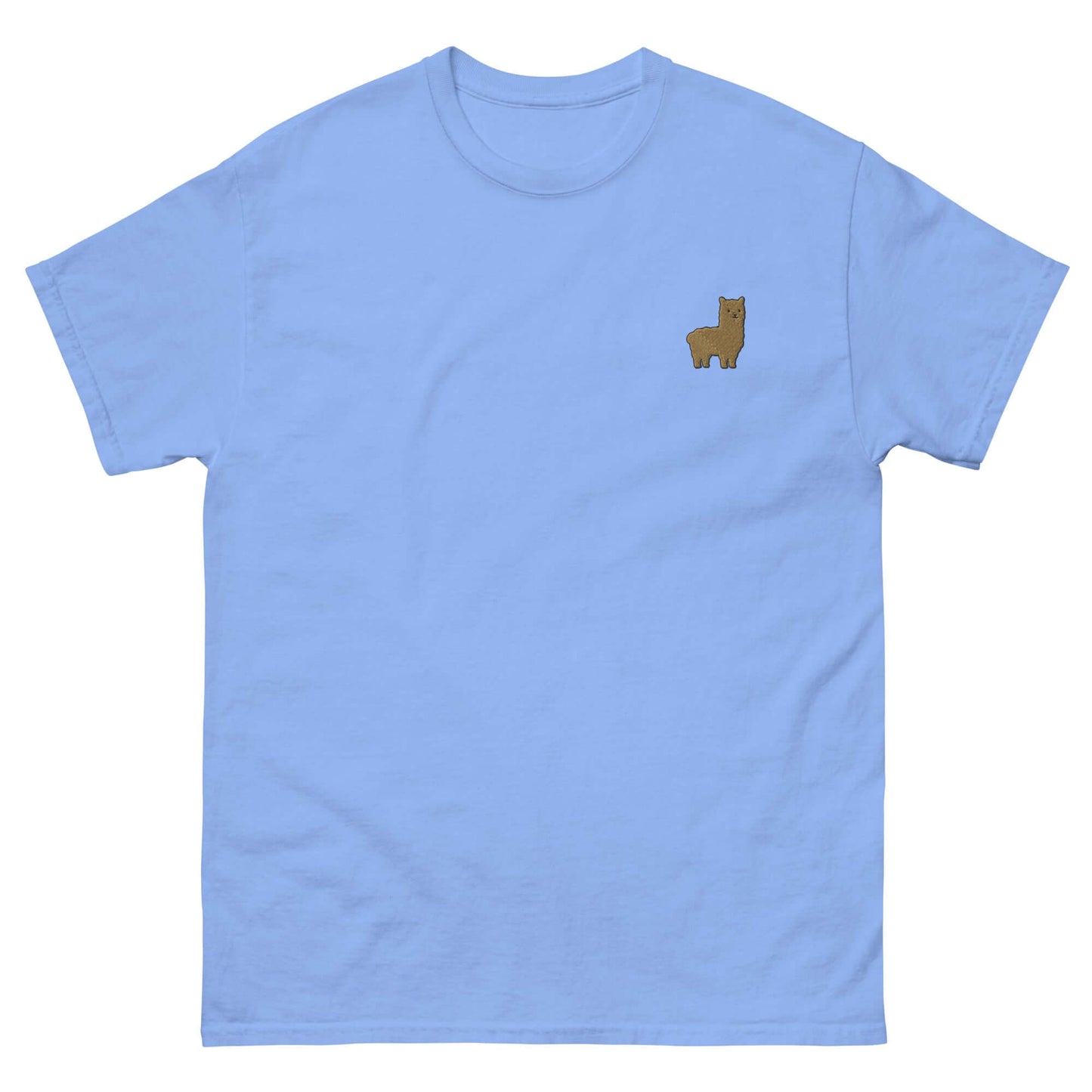 T-Shirt in hellblau mit gesticktem Alpaka Emoji auf der Brust, 100% Baumwolle, ideal für Alpaka-Fans.