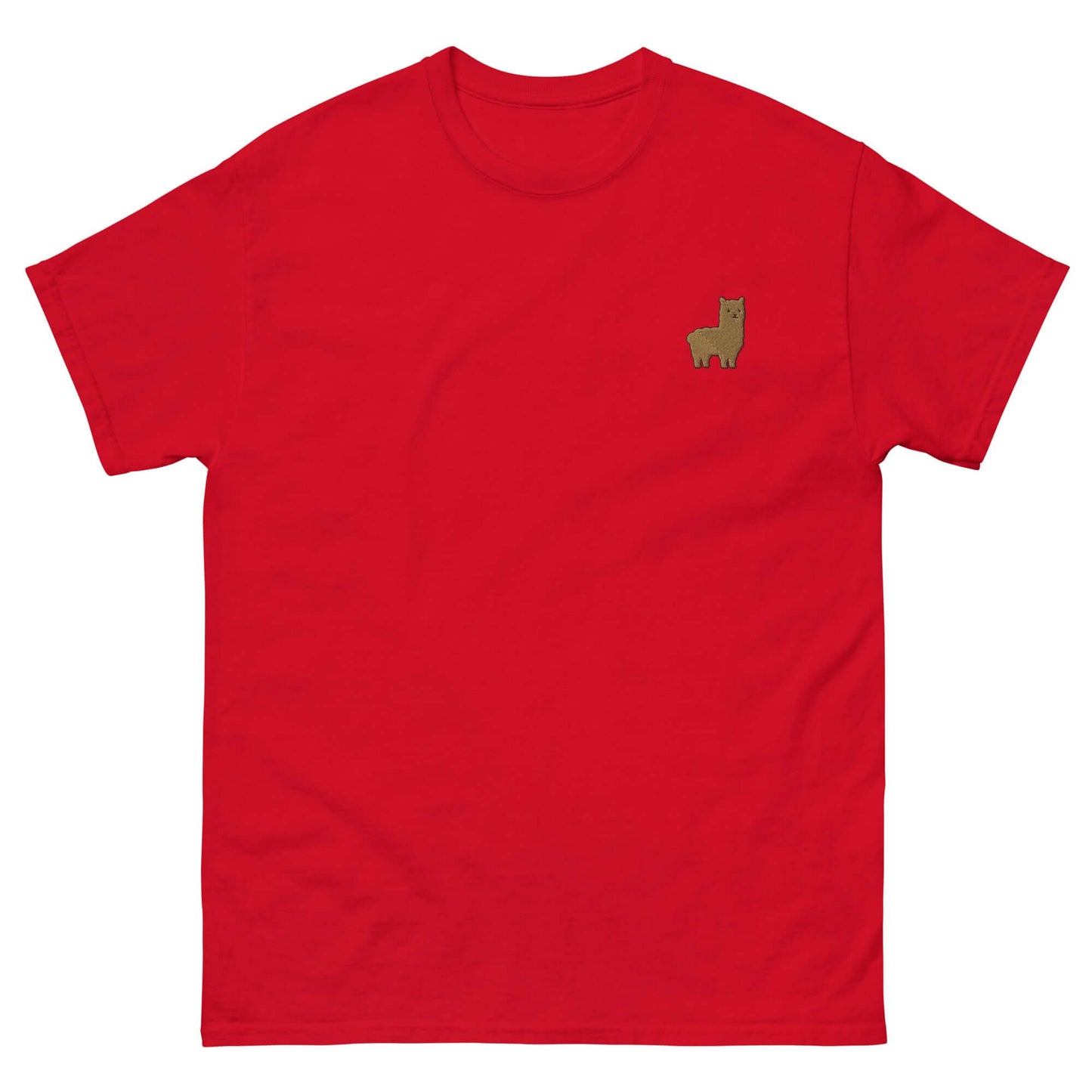 Rotes T-Shirt mit gesticktem Alpaka-Emoji, perfekt für Unisex-Alpaka-Fans und aus 100% Baumwolle.