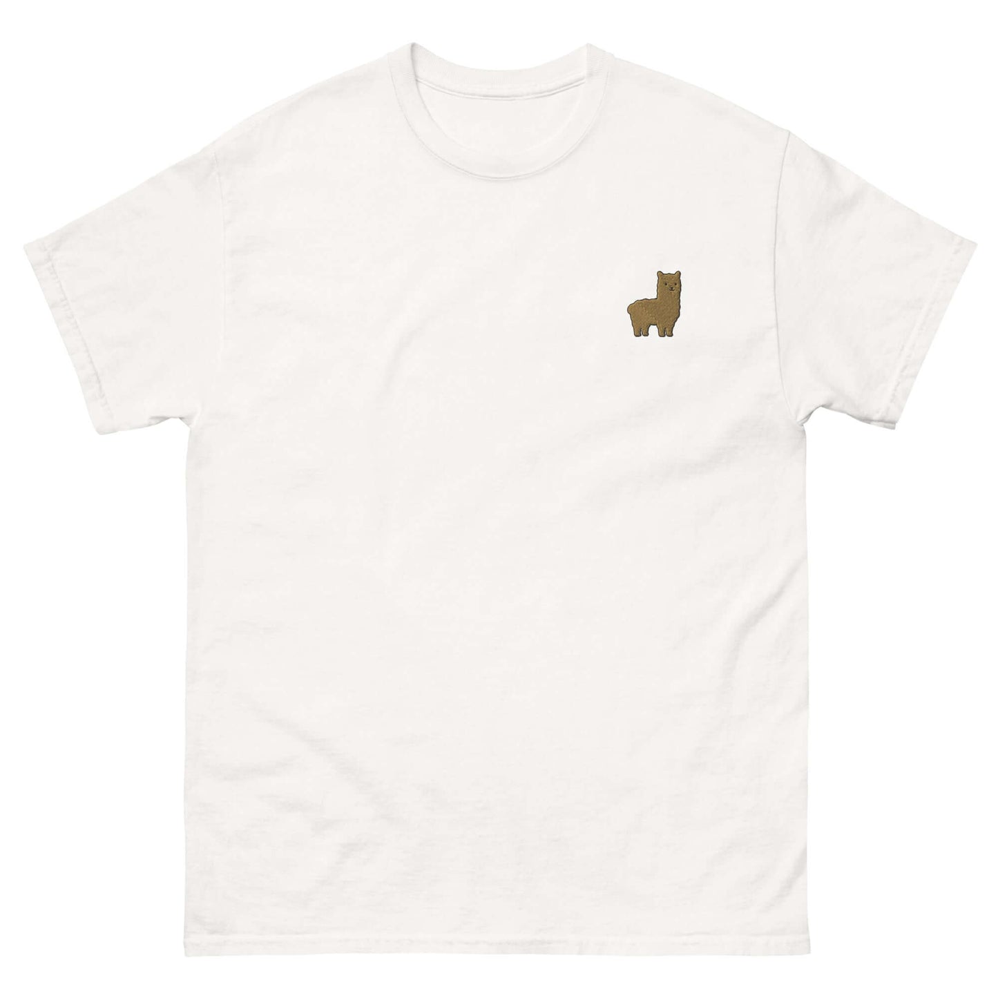 Weißes T-Shirt mit gesticktem alpaka-förmigen Emoji auf der Brust, ideal für Alpaka-Fans.