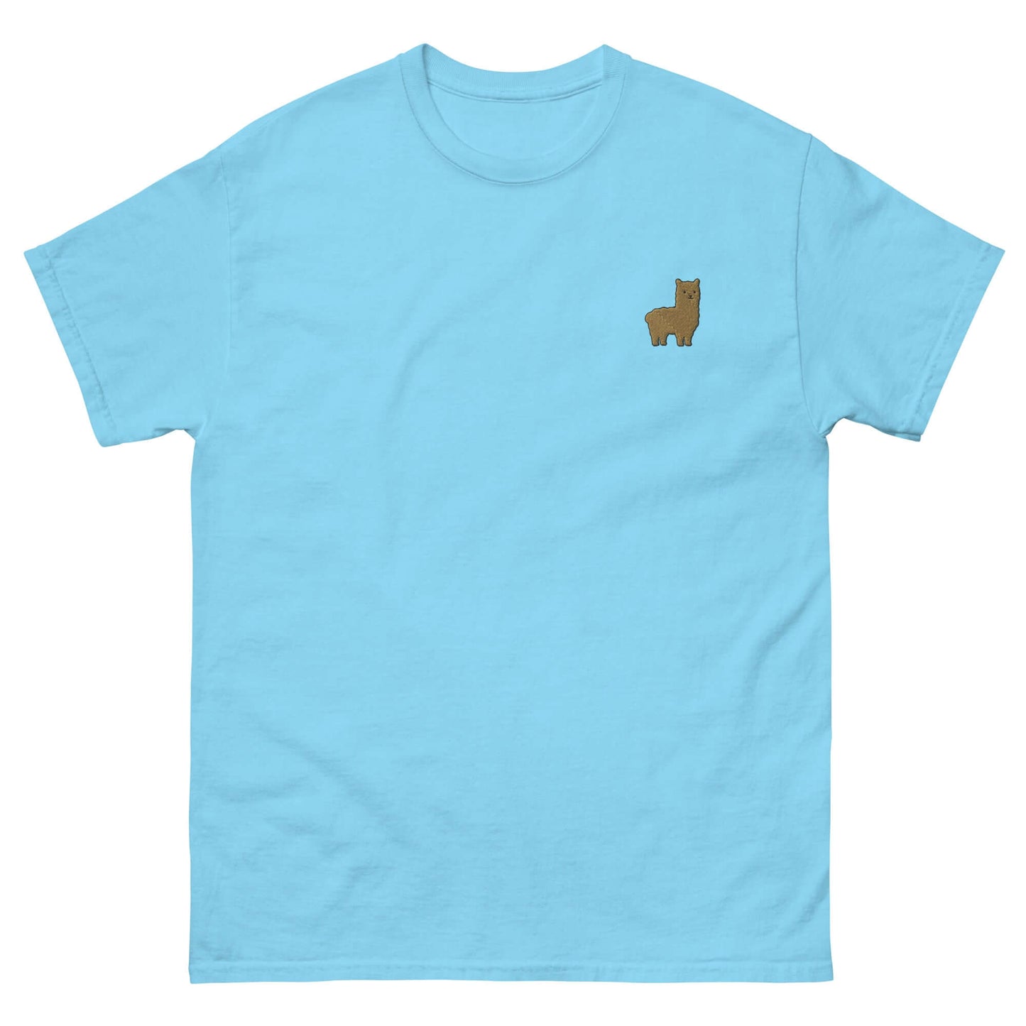 Himmelblaues T-Shirt mit gesticktem Alpaka Emoji auf der Brust für Alpaka-Fans.