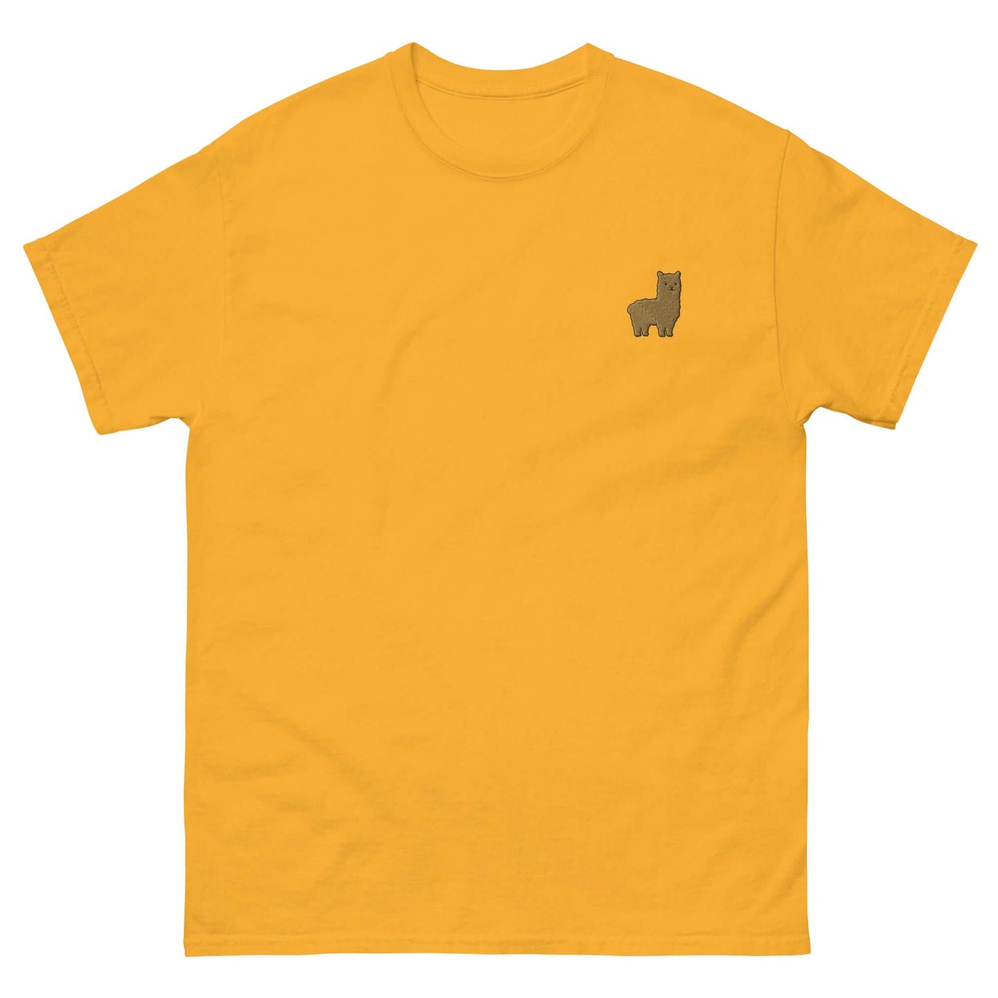 Süßes gelbes T-Shirt mit gesticktem Alpaka Emoji, ideal für Alpaka-Fans, aus 100% Baumwolle.