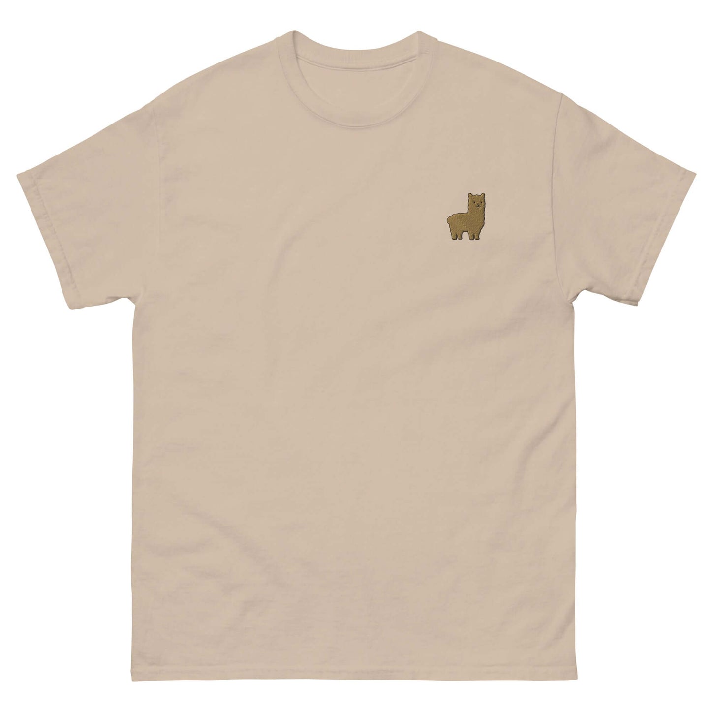 Beige T-Shirt mit gesticktem Alpaka Emoji auf der Brust – perfektes Unisex Shirt für Alpaka-Fans, 100% Baumwolle.