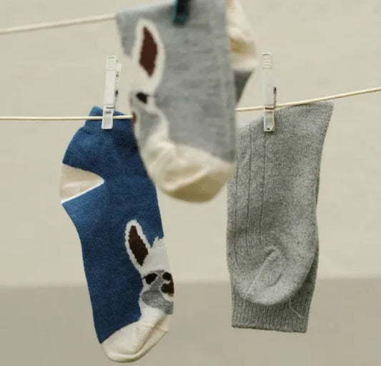 Alpakasocken in verschiedenen Farben hängen auf einer Leine, ideal für warme Füße.