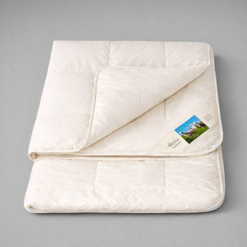 4-Jahreszeiten Bettdecke Alpaka – Handgefertigte Naturbettdecke aus 100% Alpakavlies in Beige.