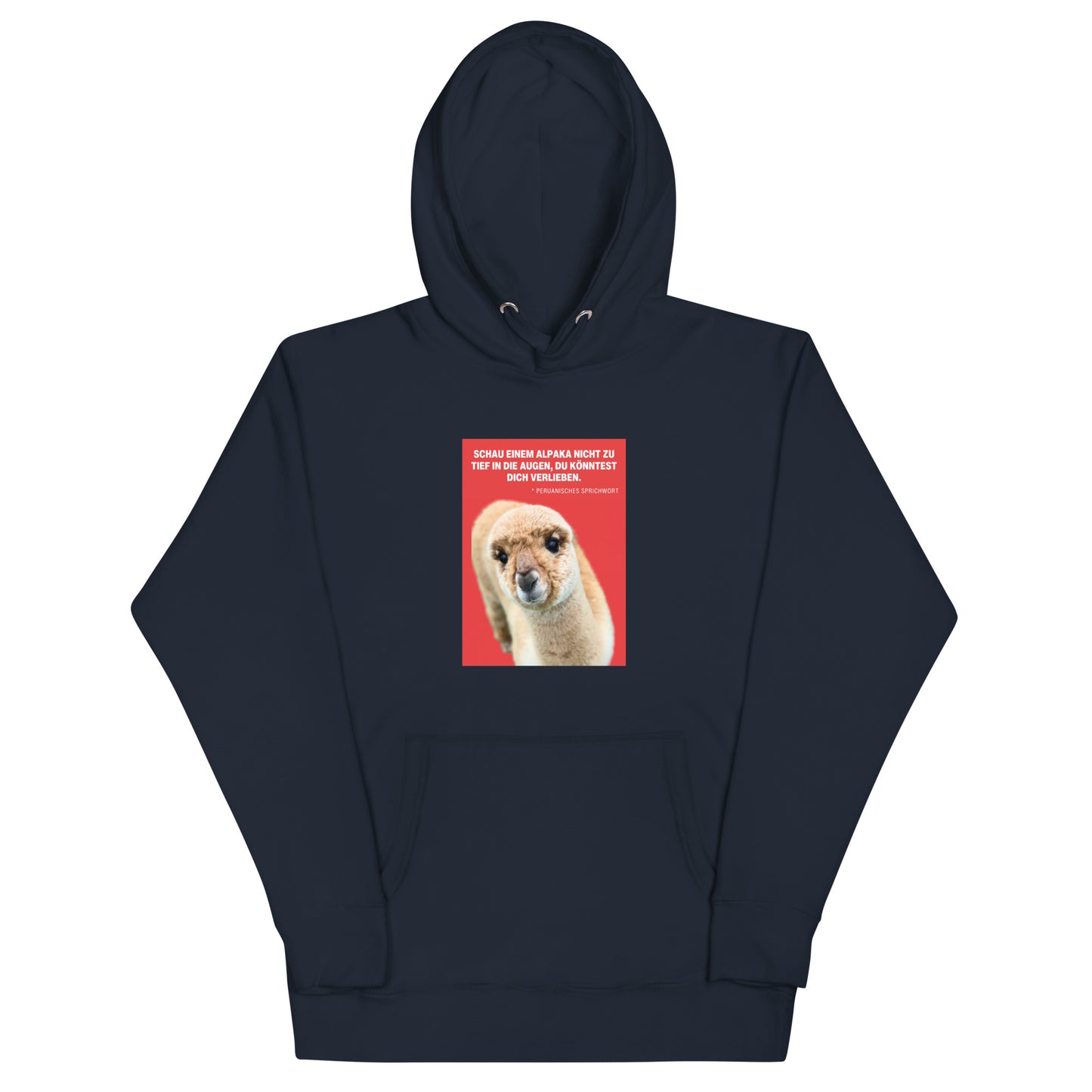 Alpaka Hoodie Unisex – „Schau einem Alpaka nie zu tief in die Augen“ Kapuzenpullover mit Alpaka-Motiv in navy.