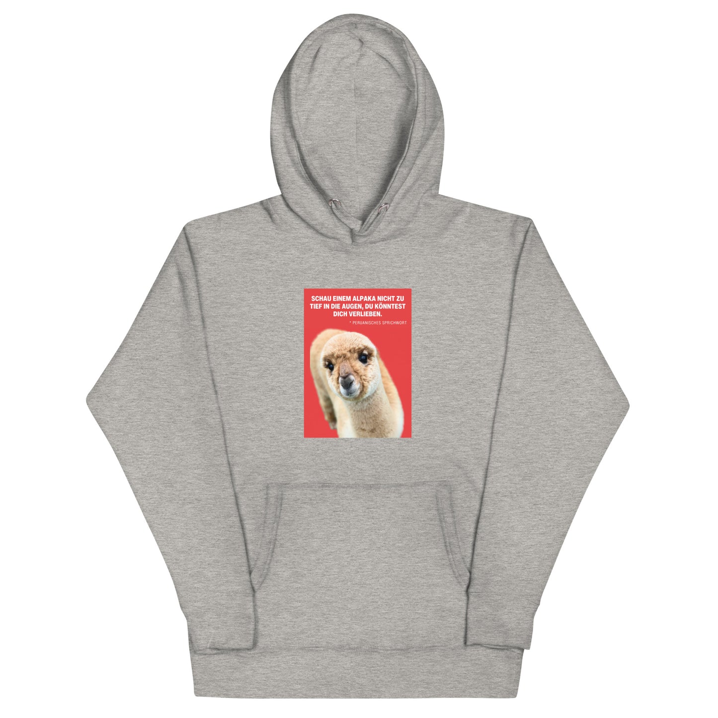 Hoodie mit Alpaka Motiv – grauer Kapuzenpullover mit Alpaka-Motiv und Spruch auf der Vorderseite.