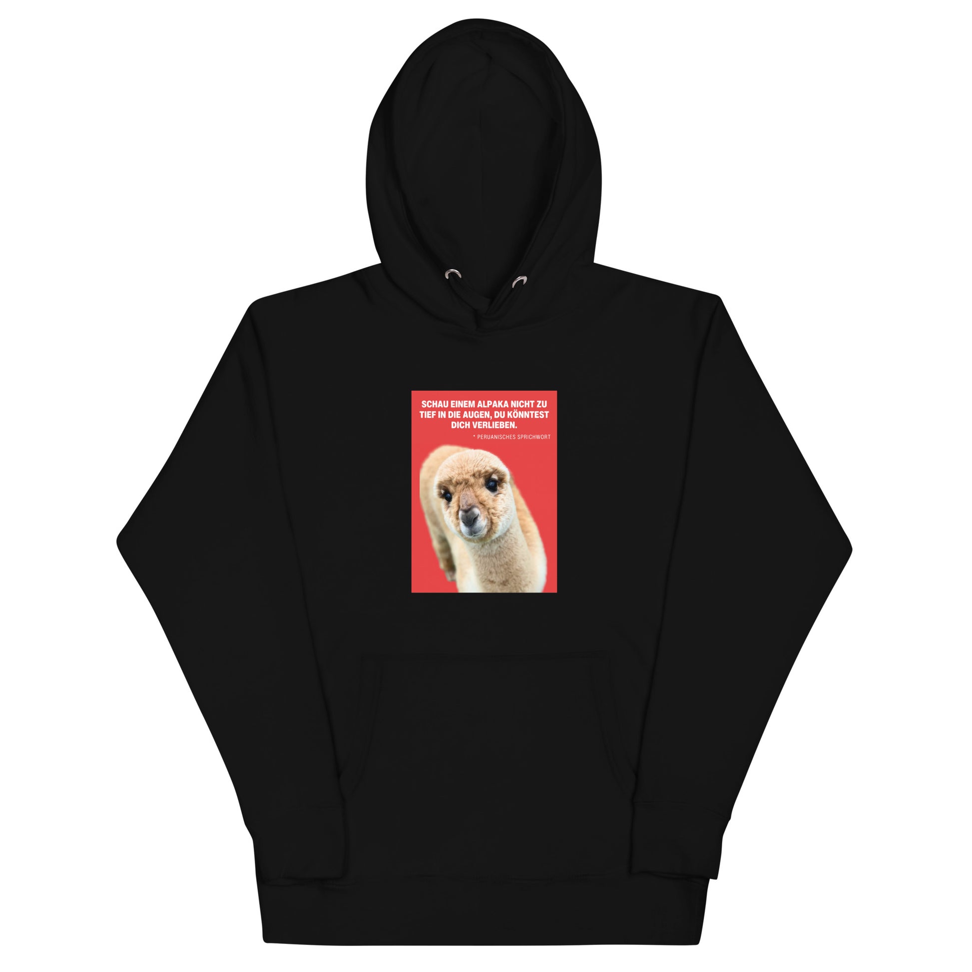Hoodie mit Alpaka Motiv in Schwarz mit Alpaka-Greta Motiv und Spruch "Schau einem Alpaka nie zu tief..."