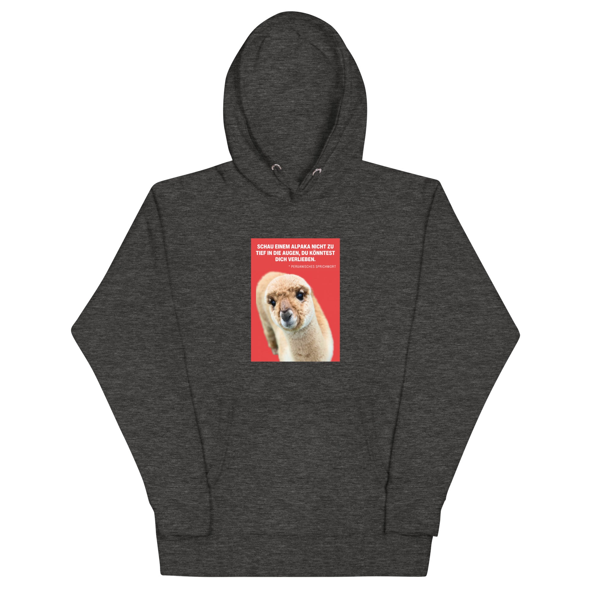 Alpaka Hoodie Unisex – „Schau einem Alpaka nie zu tief in die Augen“ Kapuzenpullover mit Alpaka-Motiv in grau.