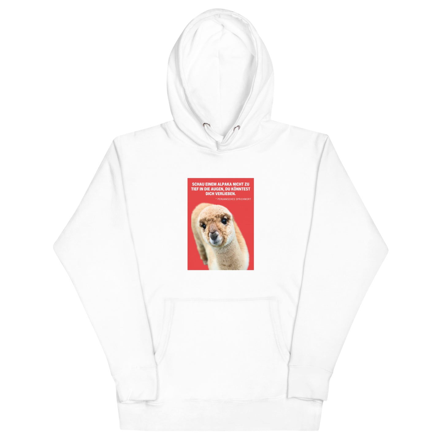 Alpaka Hoodie Unisex – „Schau einem Alpaka nie zu tief in die Augen“ Kapuzenpullover mit Alpaka Motiv.