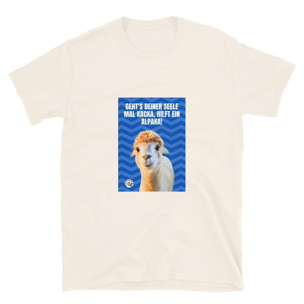 Alpaka Spruch T-Shirt mit dem Spruch 'Geht's deiner Seele mal kacka, hilft ein Alpaka' und einem süßen Alpaka.