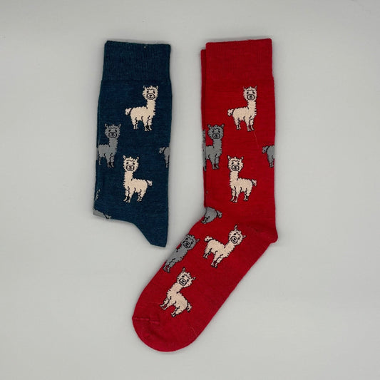 Bunte Alpaka Strümpfe in rot und blau mit süßem Alpaka-Motiv aus Baby Alpakawolle, weich und nachhaltig.