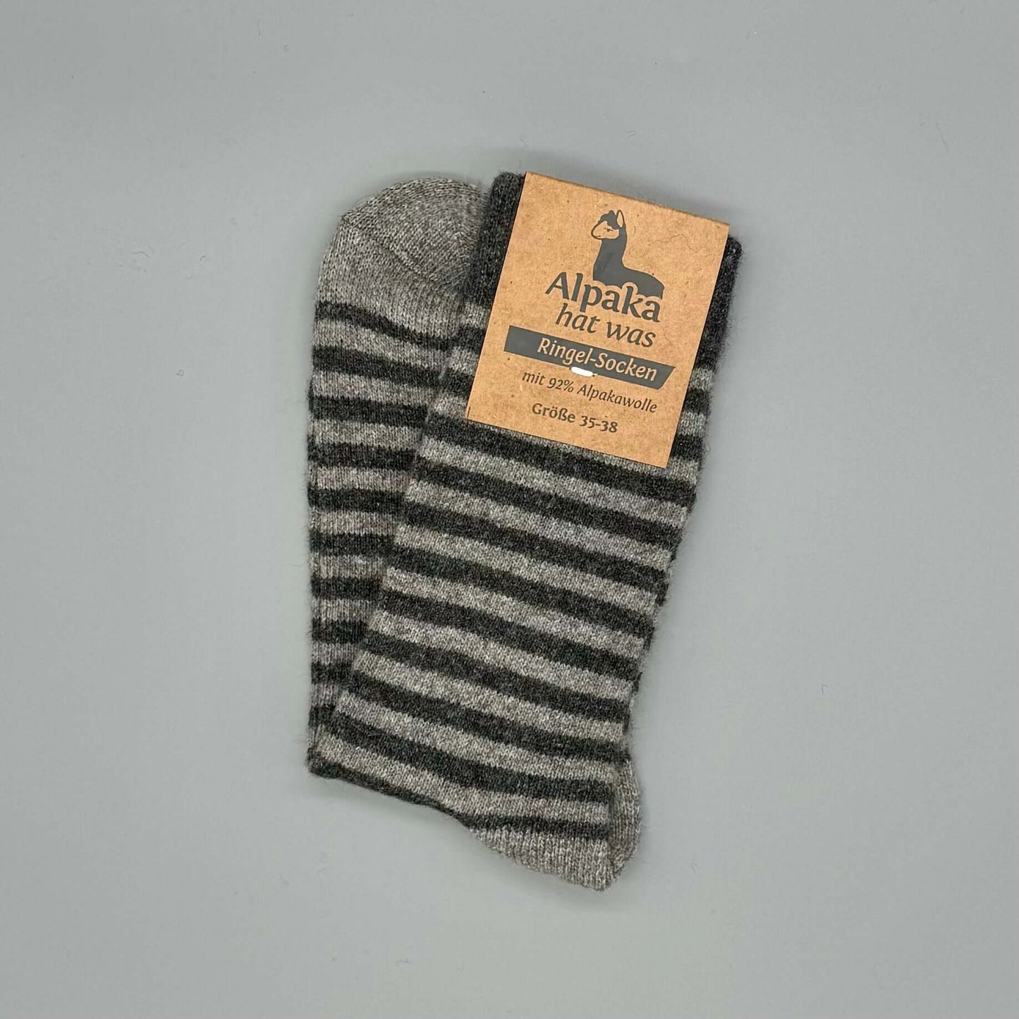 Alpaka Muster Socken aus 92% Alpakawolle, geringelt in Grau-Schwarz, ideal für kalte Tage