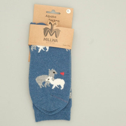 High alpaca socks made of alpaca wool | Cute alpaca motif in blue & warming eye-catcher