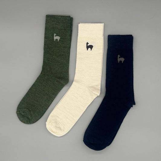 Lange Alpakasocken in Weiß, Blau und Grün aus 80% Baby-Alpakawolle für Alltag & Freizeit