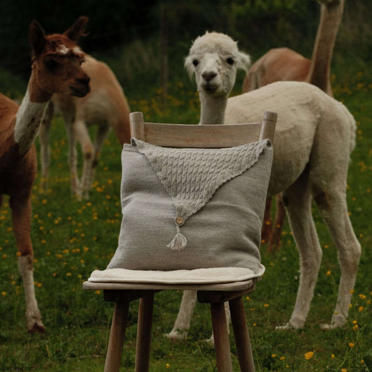 Grauer Alpaka-Strickkissenbezug 40 × 40 cm aus Baby-Alpakawolle – moderne Strickdeko mit Knopfverschluss
