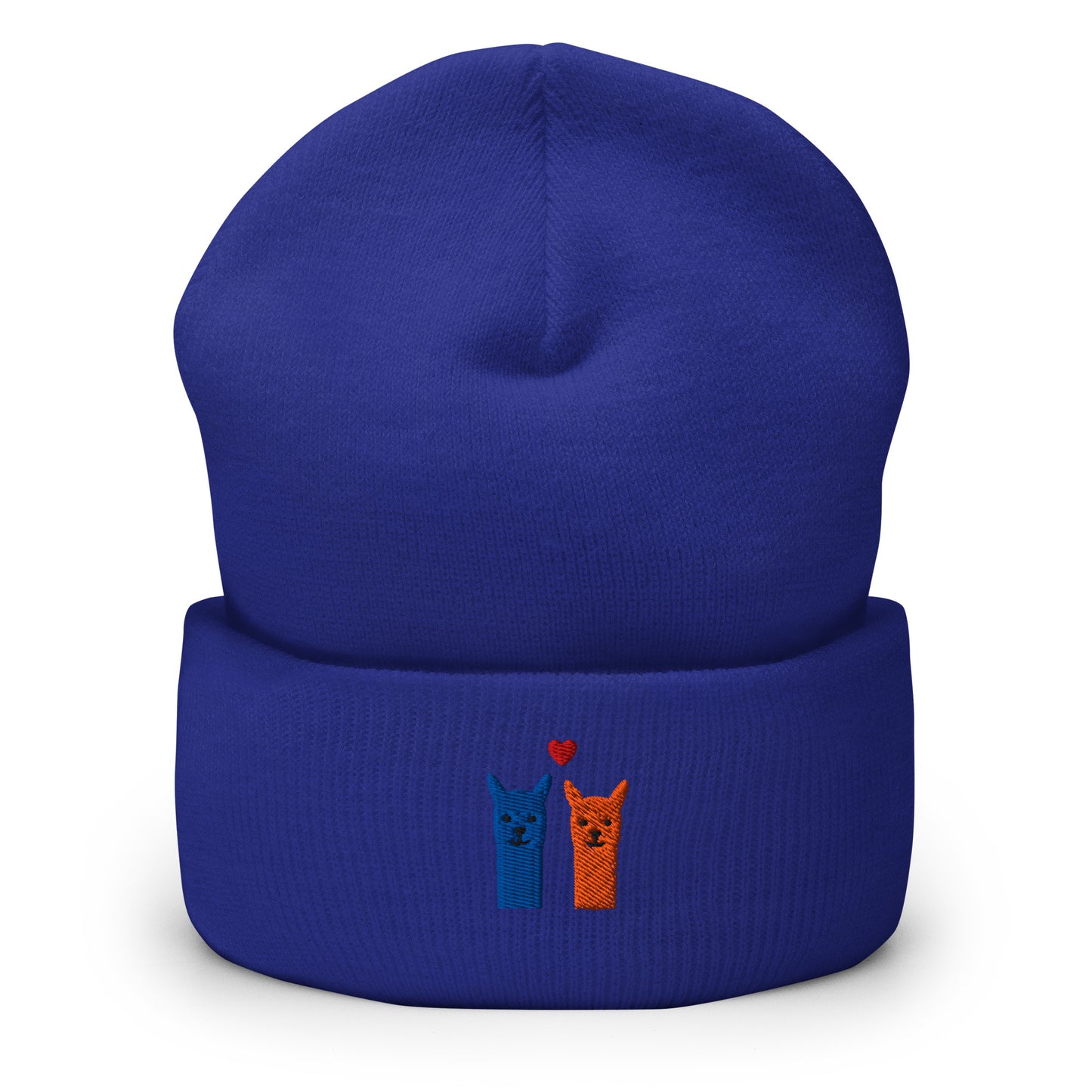 Alpaka Beanie mit Stickerei in Blau, süße Alpaka-Emojis mit Herzmotiv, kuschelige Unisex Mütze.