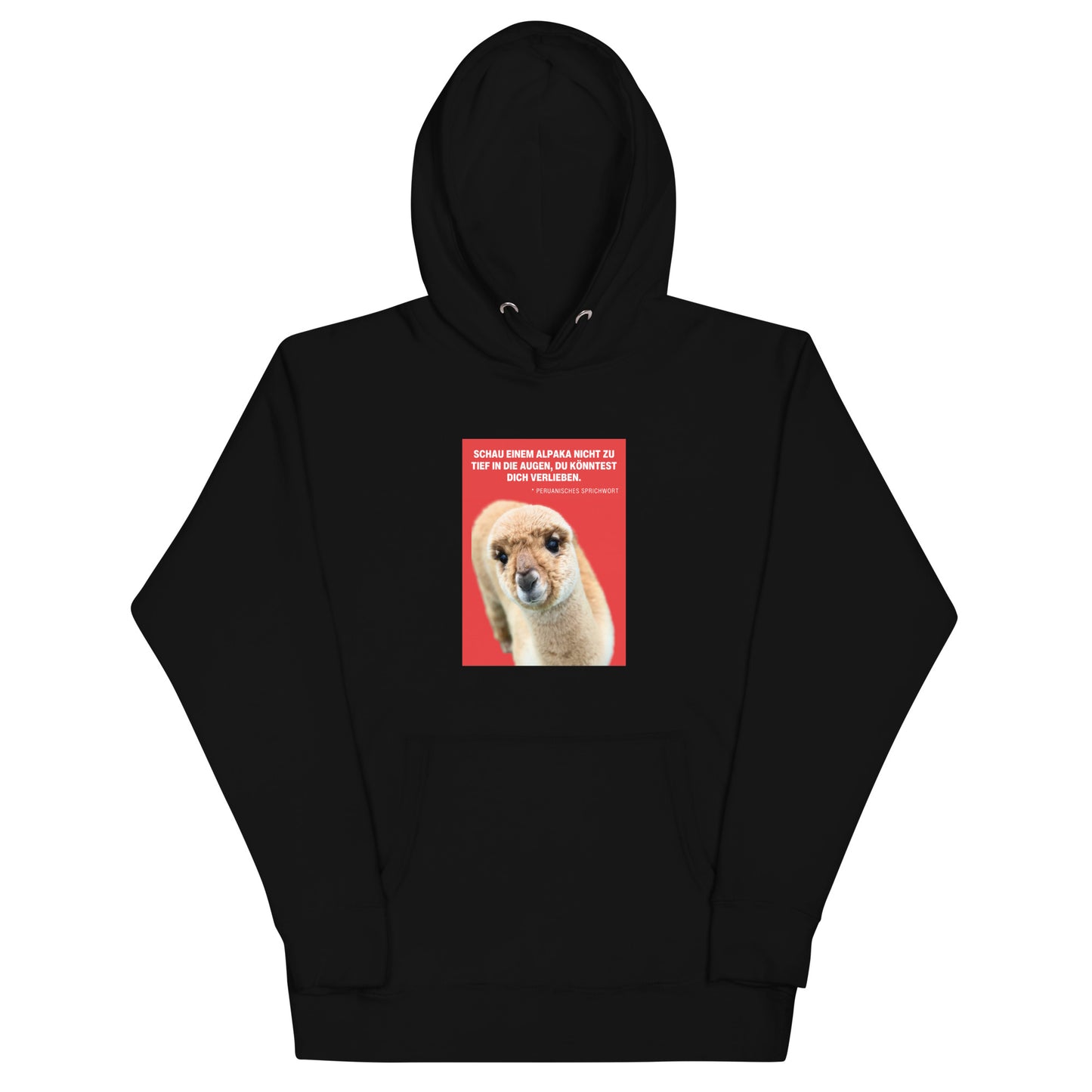 Hoodie mit Alpaka Motiv in Schwarz mit Alpaka-Greta Motiv und Spruch "Schau einem Alpaka nie zu tief..."