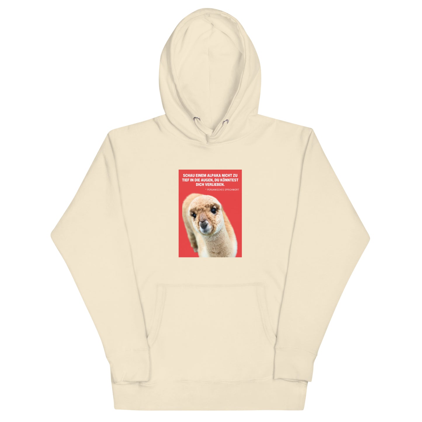 Hoodie mit Alpaka Motiv - Unisex Kapuzenpullover mit Alpaka Greta und Spruch „Schau einem Alpaka nie zu tief in die Augen“. 