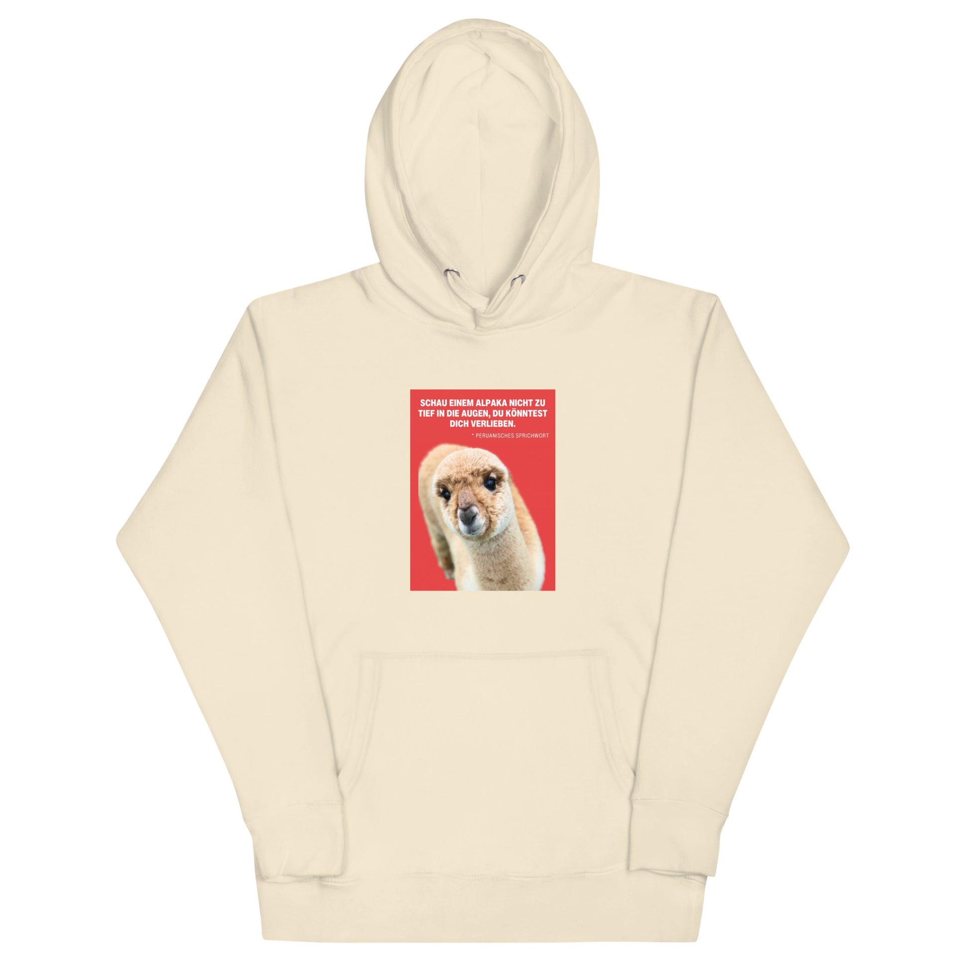 Hoodie mit Alpaka Motiv - Unisex Kapuzenpullover mit Alpaka Greta und Spruch „Schau einem Alpaka nie zu tief in die Augen“. 