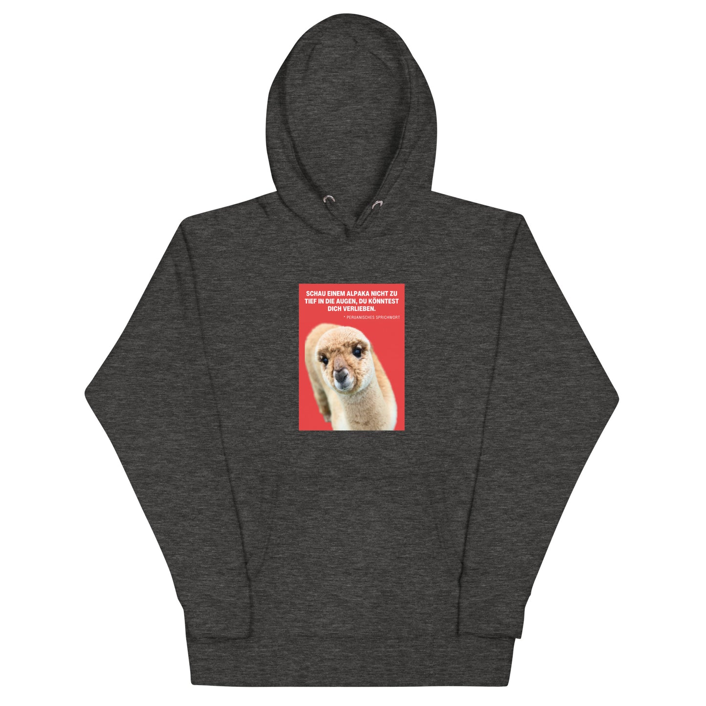 Alpaka Hoodie Unisex – „Schau einem Alpaka nie zu tief in die Augen“ Kapuzenpullover mit Alpaka-Motiv in grau.
