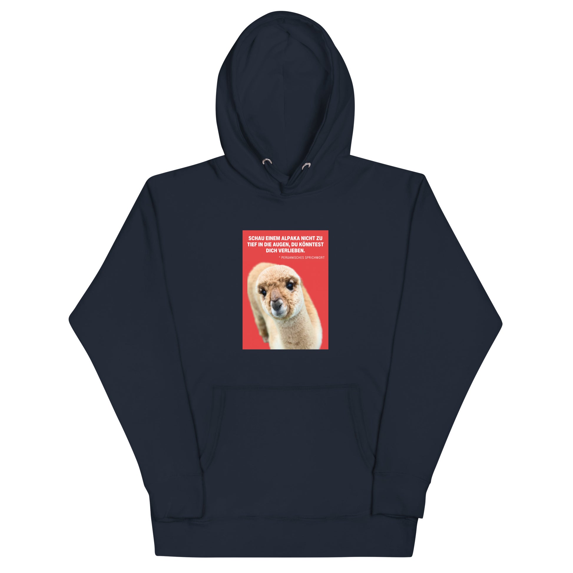 Alpaka Hoodie Unisex – „Schau einem Alpaka nie zu tief in die Augen“ Kapuzenpullover mit Alpaka-Motiv in navy.