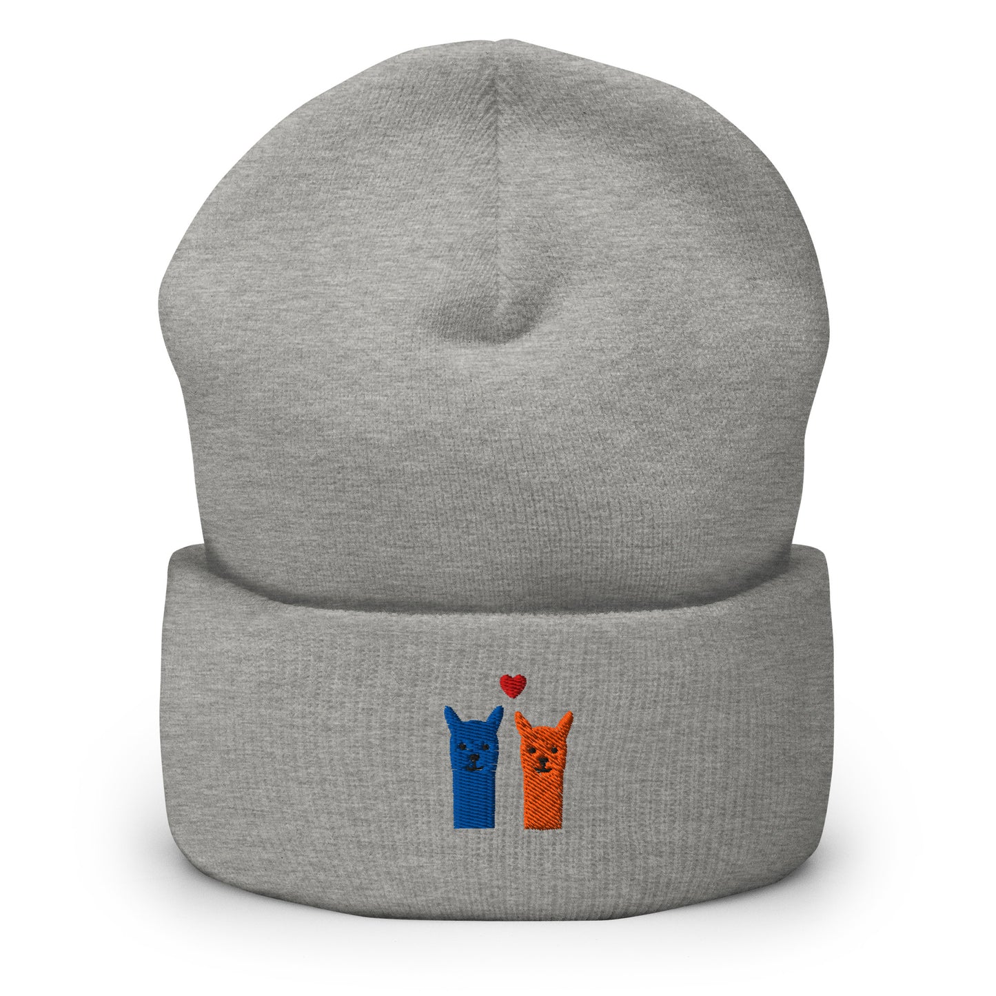 Alpaka Beanie mit Stickerei in Grau, zeigt zwei Alpaka-Emojis und ein Herz, kuschelige Unisex Mütze für Alpaka-Fans.