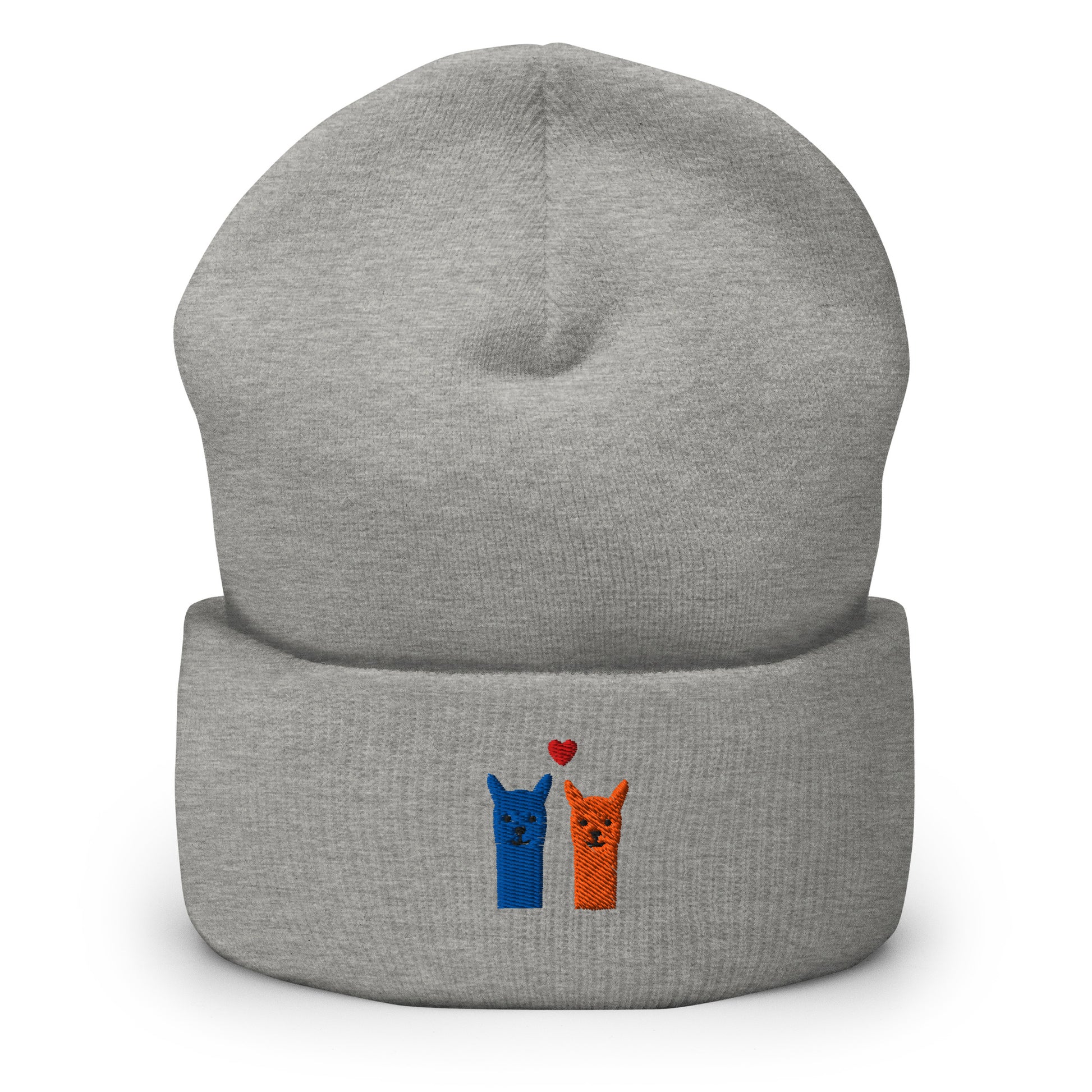 Alpaka Beanie mit Stickerei in Grau, zeigt zwei Alpaka-Emojis und ein Herz, kuschelige Unisex Mütze für Alpaka-Fans.
