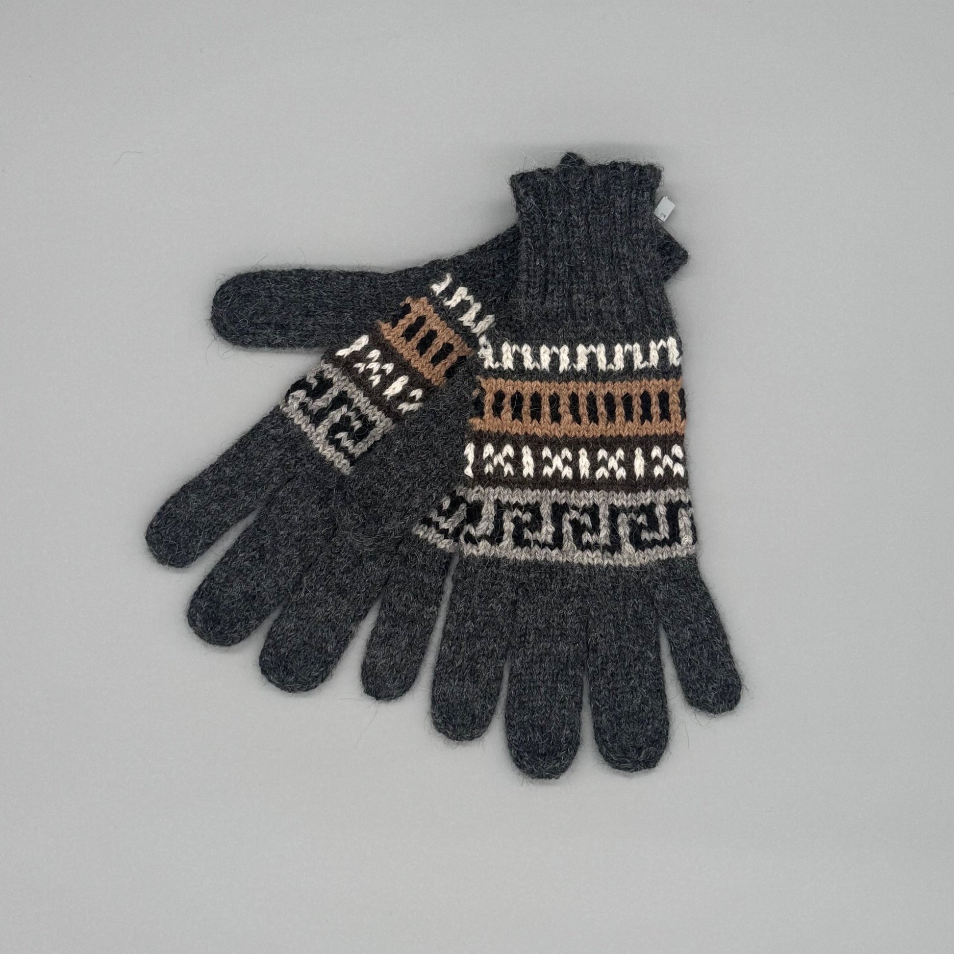 Baby-Alpaka Handschuhe im Andenmuster für Damen & Herren in Anthrazit und Beige.