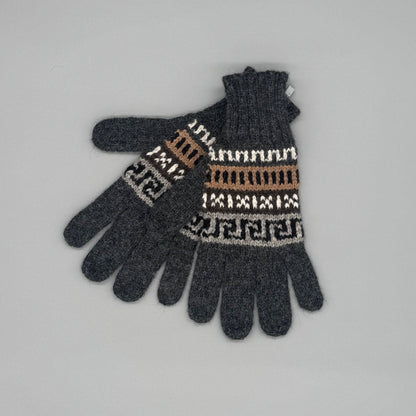 Baby-Alpaka Handschuhe im Andenmuster für Damen & Herren in Anthrazit und Beige.