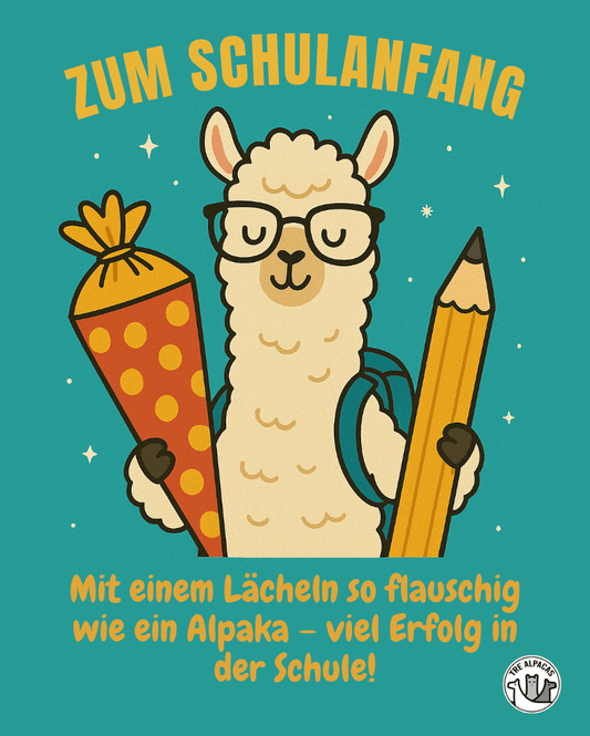 Kostenlose Alpaka Postkarte Schulanfang – PDF Download Einschulungspostkarte