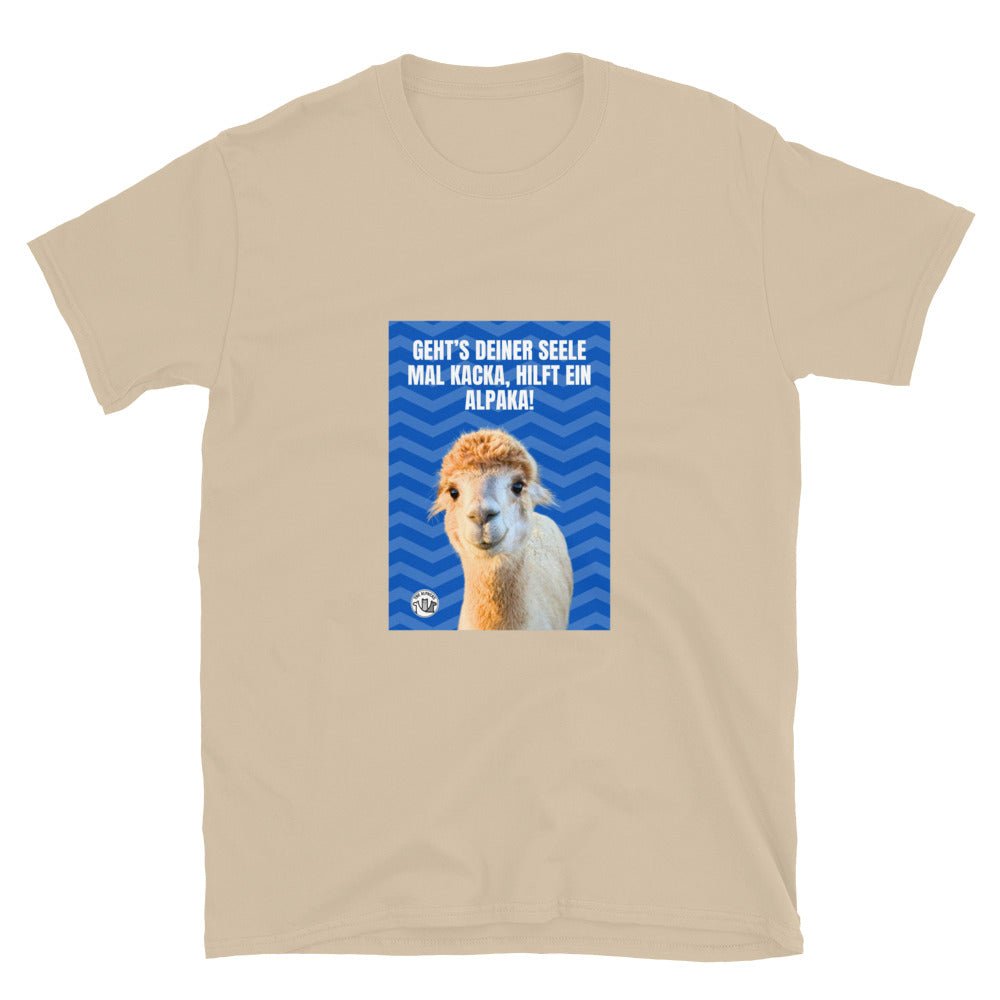 Alpaka Spruch T-Shirt mit dem Spruch „Geht's deiner Seele mal kacka, hilft ein Alpaka!“ und Bild eines Alpaka.