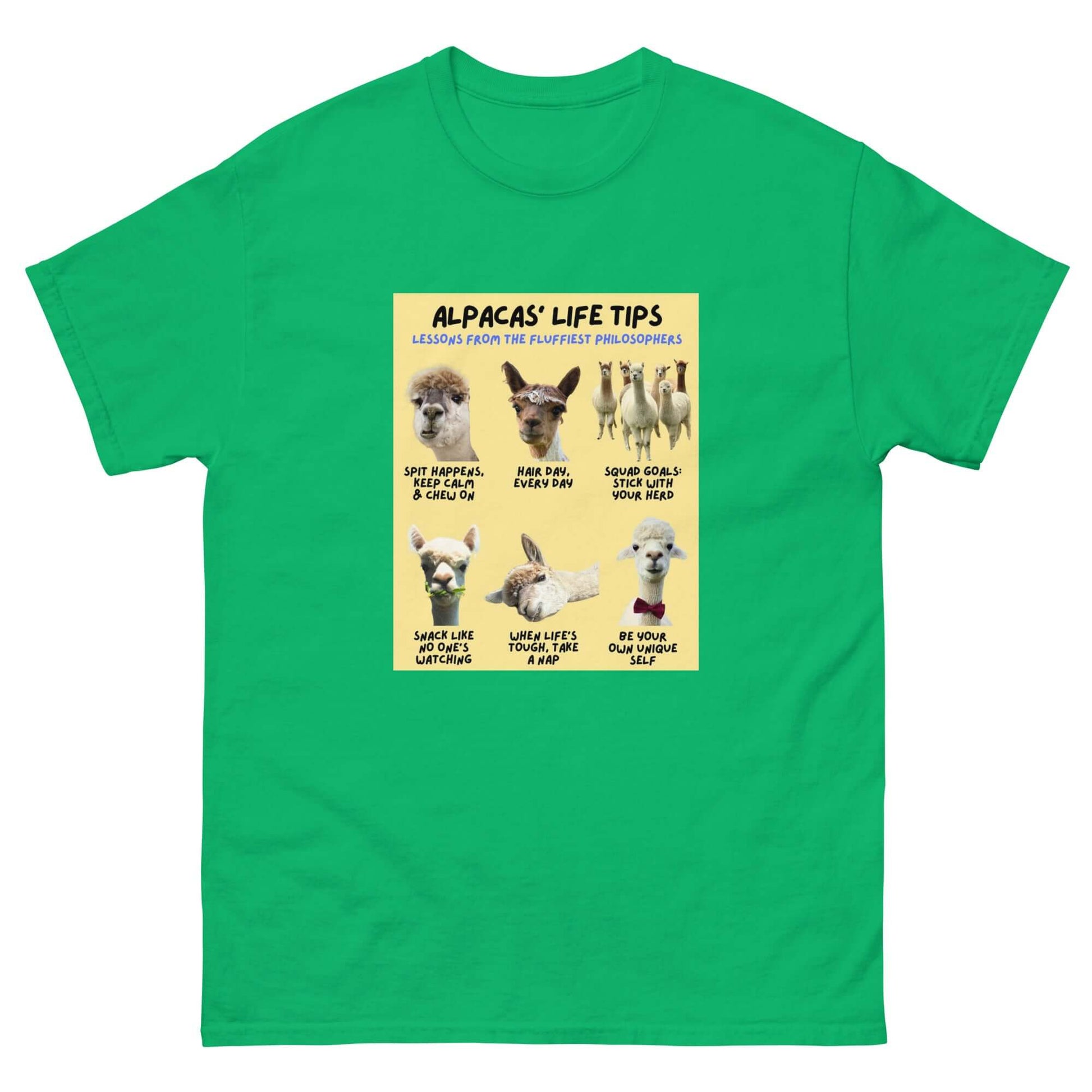 Unisex Alpaka T-Shirt mit farbenfrohem Design und Spruch