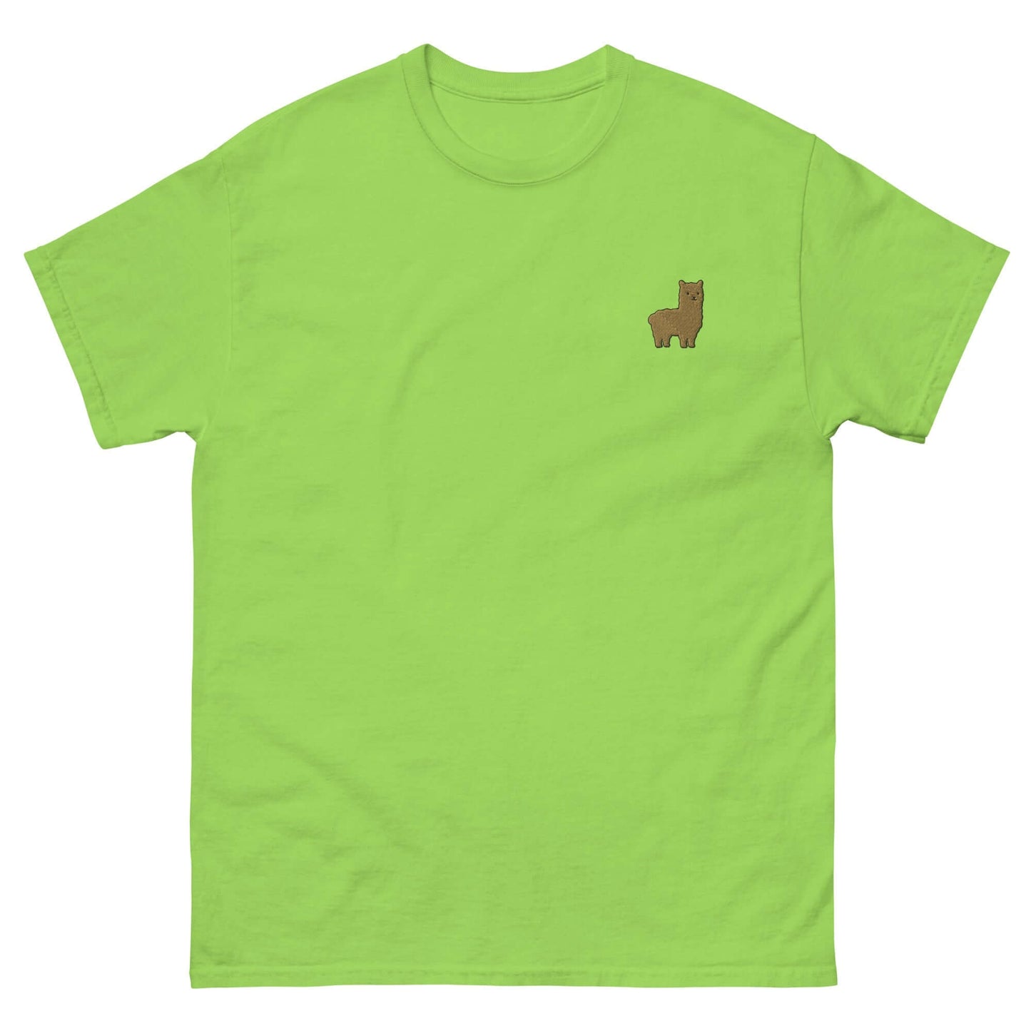 Helle grüne T-Shirt mit gesticktem Alpaka-Emoji auf der Brust, ideal für Alpaka-Fans.