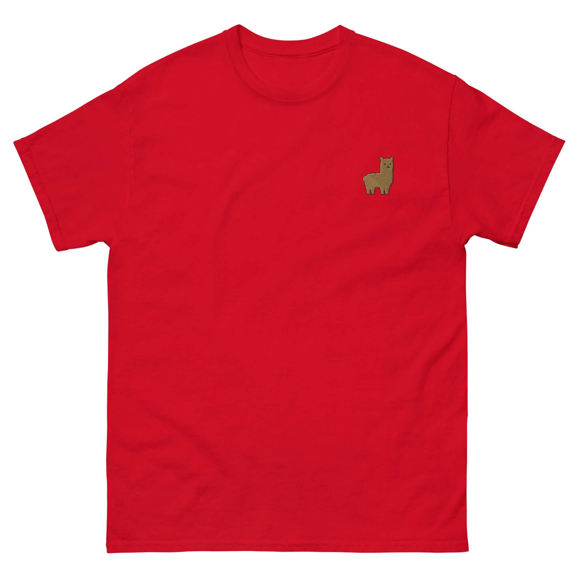 Rotes T-Shirt mit gesticktem Alpaka-Emoji, perfekt für Unisex-Alpaka-Fans und aus 100% Baumwolle.