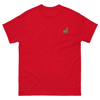 Rotes T-Shirt mit gesticktem Alpaka-Emoji, perfekt für Unisex-Alpaka-Fans und aus 100% Baumwolle.