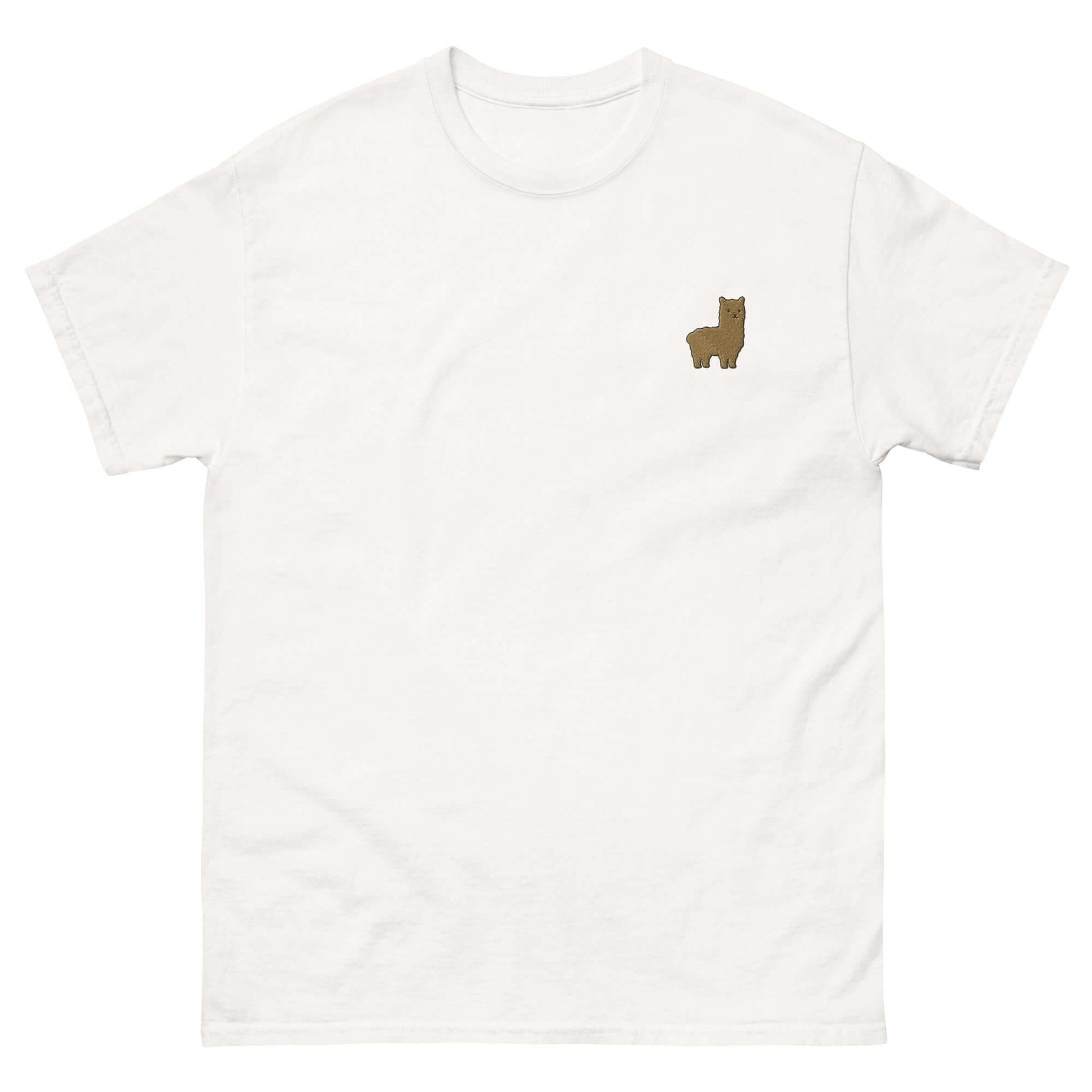 Weißes T-Shirt mit gesticktem alpaka-förmigen Emoji auf der Brust, ideal für Alpaka-Fans.