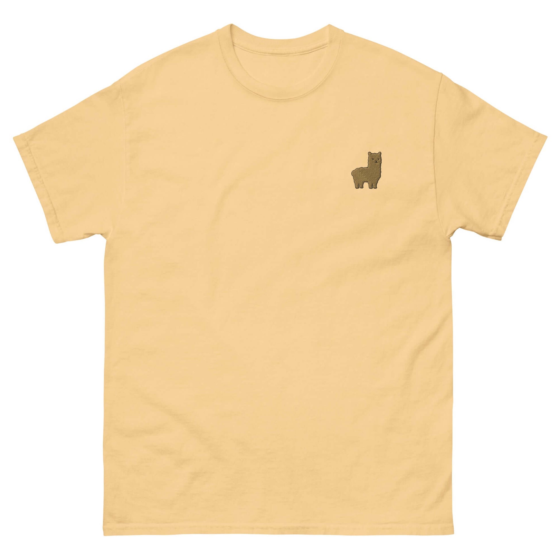 Gelbes T-Shirt mit gesticktem Alpaka-Emoji, ideal für Alpaka-Fans, aus 100% Baumwolle.