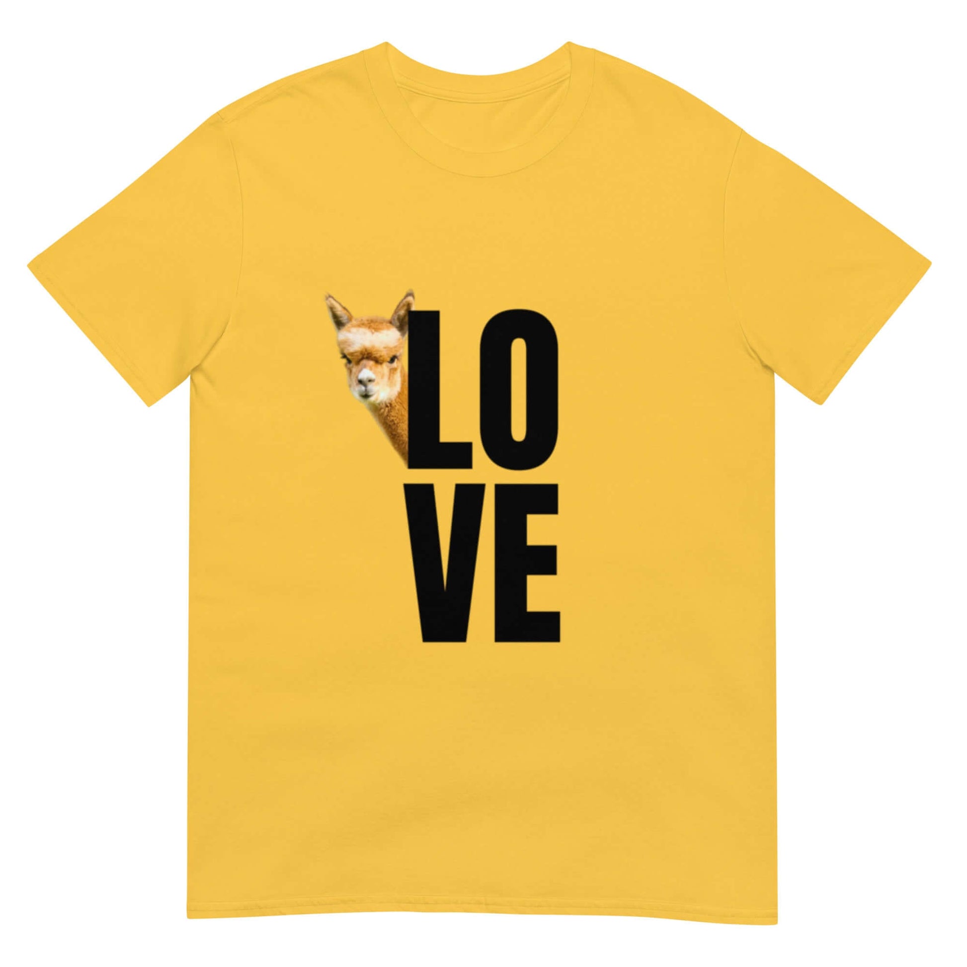 Alpaka Shirt Love mit fröhlichem Lama Motiv, gelbes T-Shirt mit dem Schriftzug 'LOVE' und Alpaka Franzl.