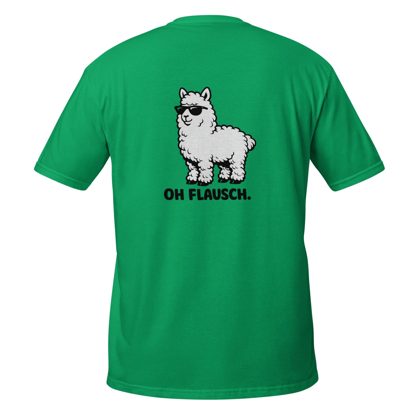 Lustiges Alpaka T-Shirt „Oh Flausch." mit grünem Hintergrund und süßem Alpaka-Motiv.